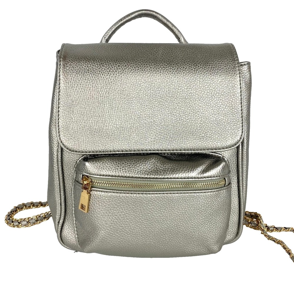 Backpack Purse Shoulder Bag Satchel Silver Pebbled Chain Strap LKNU Pockets